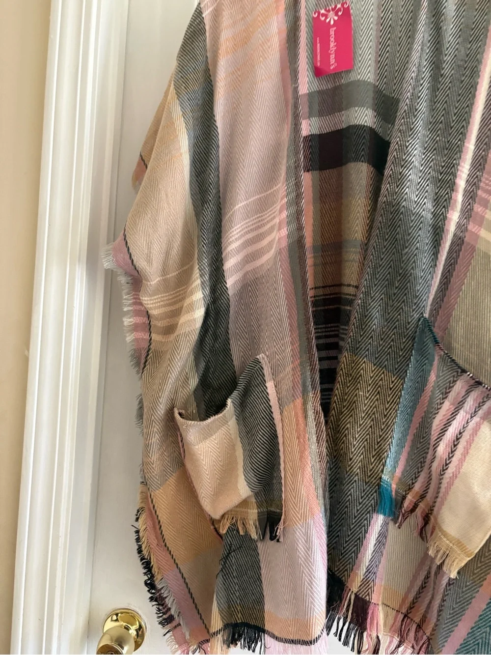 Plaid Fringe Open Front Kimono - Multi Pastel